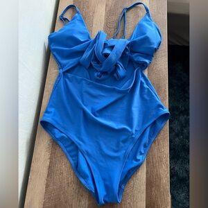 Aerie Blue Tie Front Cut Out One Piece Full Coverage Swimsuit Size Medium